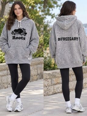 Roots Gray Cozy Fleece Hoodie with Beaver Logo & #FREEGARY